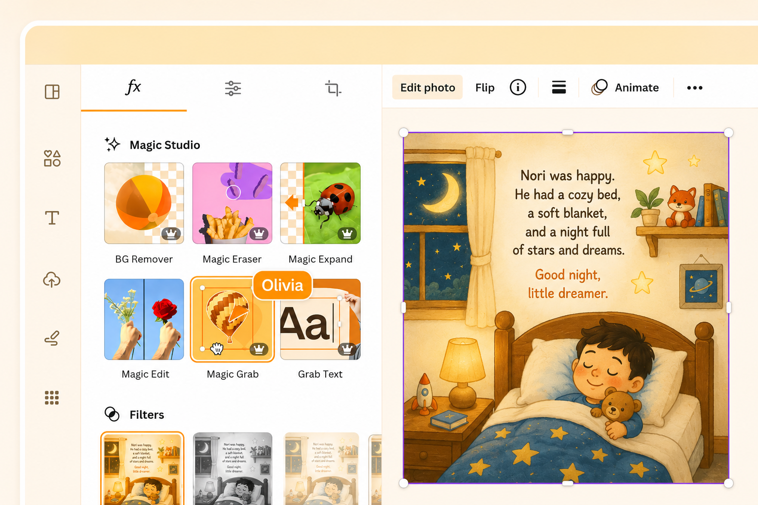 KidsBookMaker editor showing a children's book page with KDP-ready margins and tools